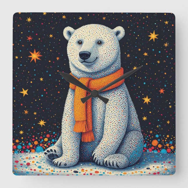 Whimsical Polar Bear In Orange Scarf Quadratische Wanduhr (Vorderseite)