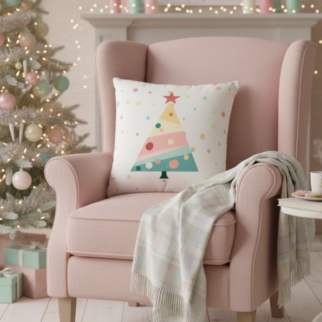Whimsical Polka Dot Moderner Weihnachtsbaum Kissen (Pastel color polka dot Christmas tree pillow)