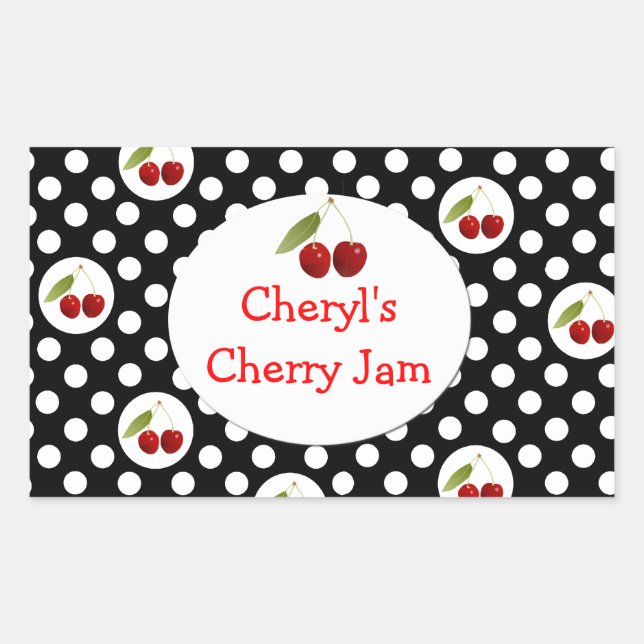 Whimsical Polka Dots and Cherries Label Rechteckiger Aufkleber (Vorderseite)