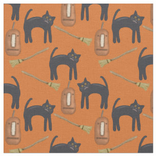 Whimsical Prim Cats and Pumpkins, Halloween Fabric Stoff