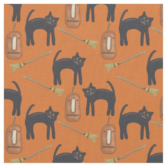 Whimsical Prim Cats and Pumpkins, Halloween Fabric Stoff (Nahaufnahme)