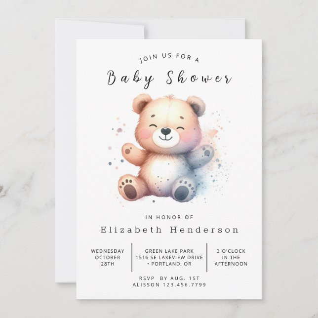 Whimsical Printable Bear Baby Dusche Einladung (Vorderseite)