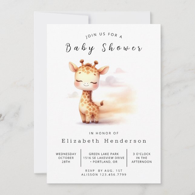 Whimsical Printable Giraffe Baby Dusche Einladung (Vorderseite)