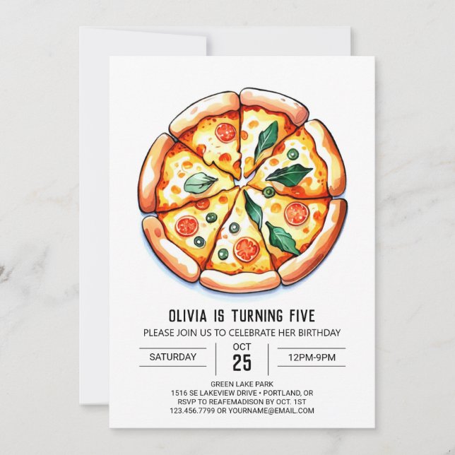 Whimsical Printable Pizza Geburtstag Einladung (Vorderseite)