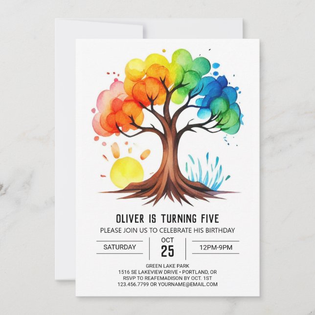 Whimsical Printable Tree Birthday Einladung (Vorderseite)