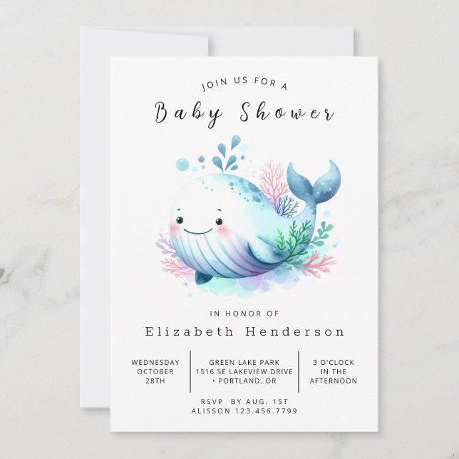 Whimsical Printable Whale Baby Dusche Einladung (Vorderseite)