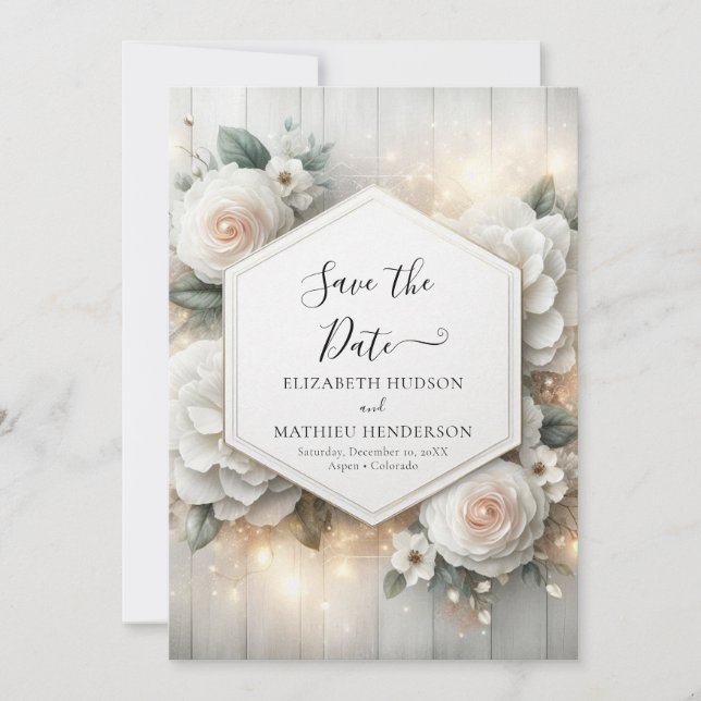 Whimsical Printable White Roses Wedding Save The Date (Vorderseite)