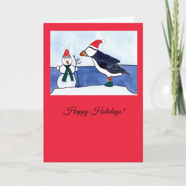 Whimsical Puffin Weihnachtskarte Karte (Vorderseite)
