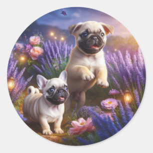 Whimsical Pug und Frenchie-Gartenaufkleber Runder Aufkleber
