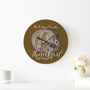 Whimsical Pumpkin Autumnal Floral Dankbar Große Wanduhr