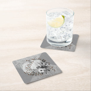 Whimsical Pumpkin Florals & Red Berries Grayscale Rechteckiger Pappuntersetzer