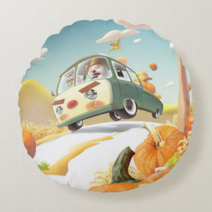 Whimsical Pumpkin Ride Rundes Kissen