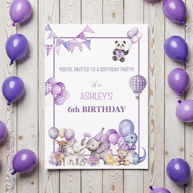 Whimsical Purple Animals Birthday  Invitation Einladung (Von Creator hochgeladen)