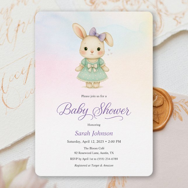 Whimsical Purple Bunny Girl Baby Shower Invite Einladung (Whimsical Purple Bunny Girl Baby Shower Invite)