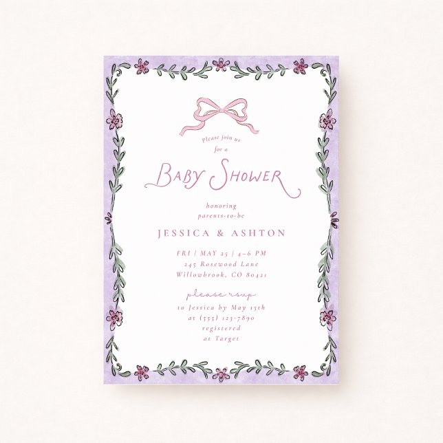 Whimsical Purple Floral Frame Baby Shower  Einladung (Von Creator hochgeladen)