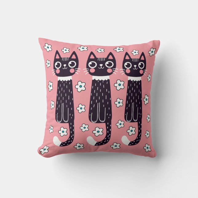 Whimsical Quirky Doodle Black Cat Zeichnend Kissen (Vorderseite)