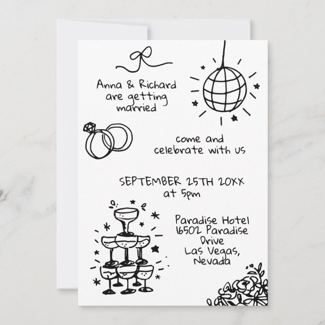 Whimsical Quirky Doodle Foto Fun Wedding Einladung (Vorderseite)