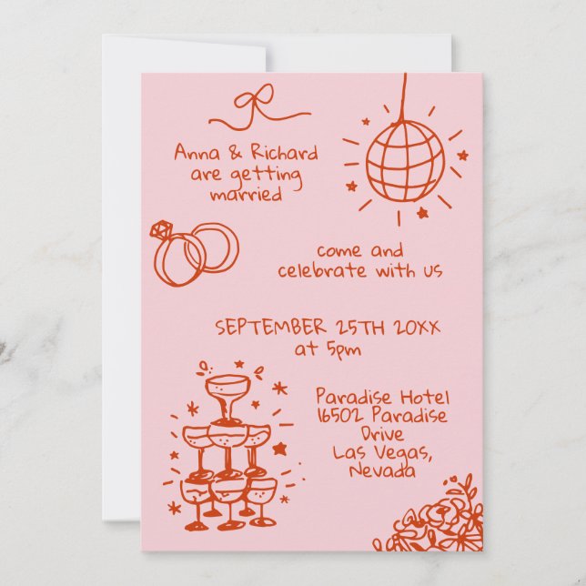 Whimsical Quirky Doodle Fun Pink Red Wedding Einladung (Vorderseite)