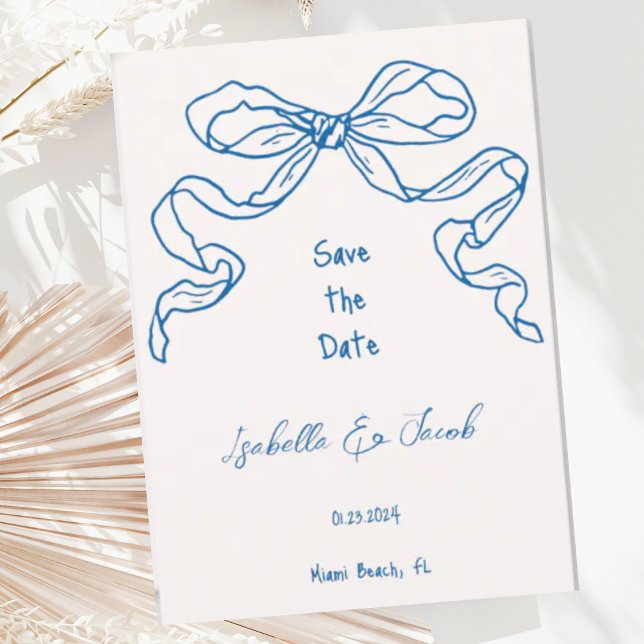 Whimsical Quirky Hand Drawn Blue Bow Save the Date Einladung (Von Creator hochgeladen)