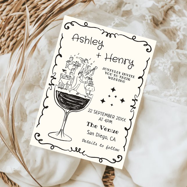 Whimsical Quirky Hand Drawn Champagne Wedding Einladung (Von Creator hochgeladen)