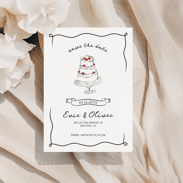 Whimsical Quirky Hand Drawn Cherry Cake Wedding Save The Date (Von Creator hochgeladen)