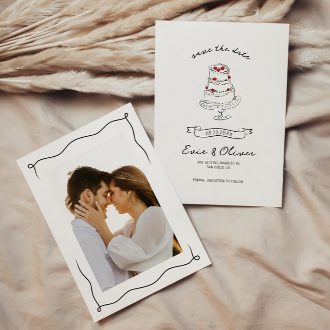 Whimsical Quirky Hand Drawn Cherry Cake Wedding Save The Date (Von Creator hochgeladen)