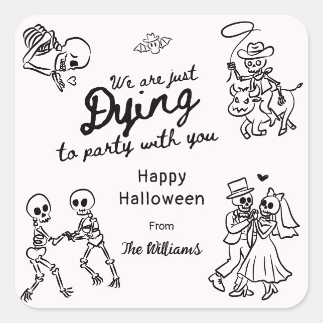 Whimsical Quirky Hand Drawn Doodles Halloween Quadratischer Aufkleber (Vorderseite)