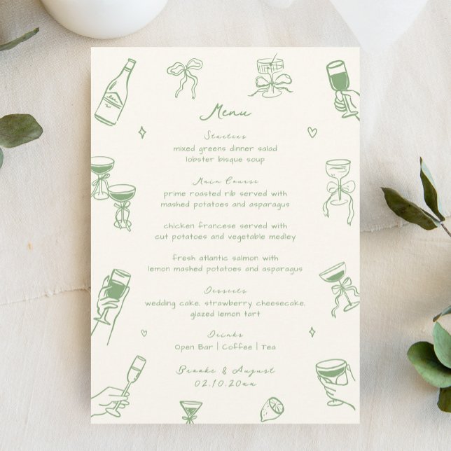 Whimsical Quirky Hand Drawn Green Wedding Menükarte (Von Creator hochgeladen)