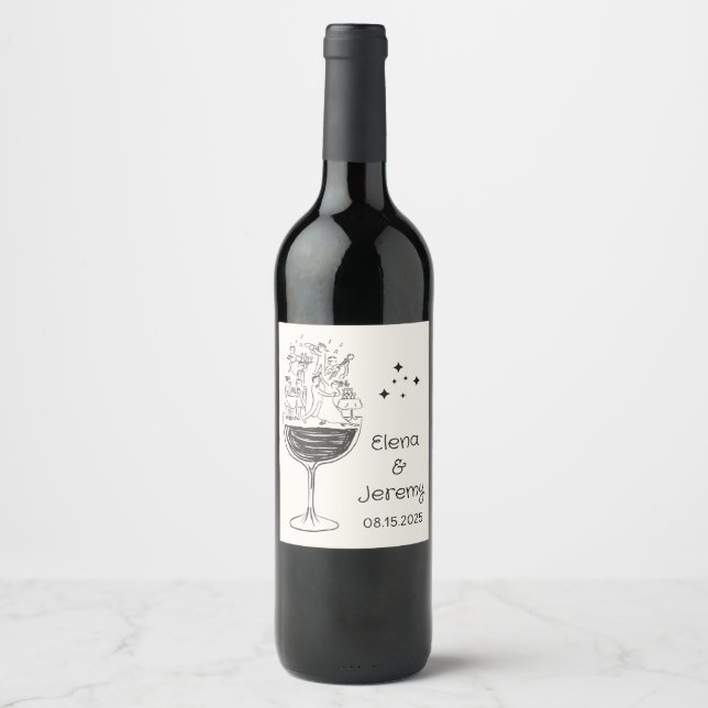 Whimsical Quirky Hand Drawn Wedding Wine Label Weinetikett (Vorderseite)