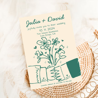 Whimsical Quirky handgeschriebene grüne Blumenhoch Einladung