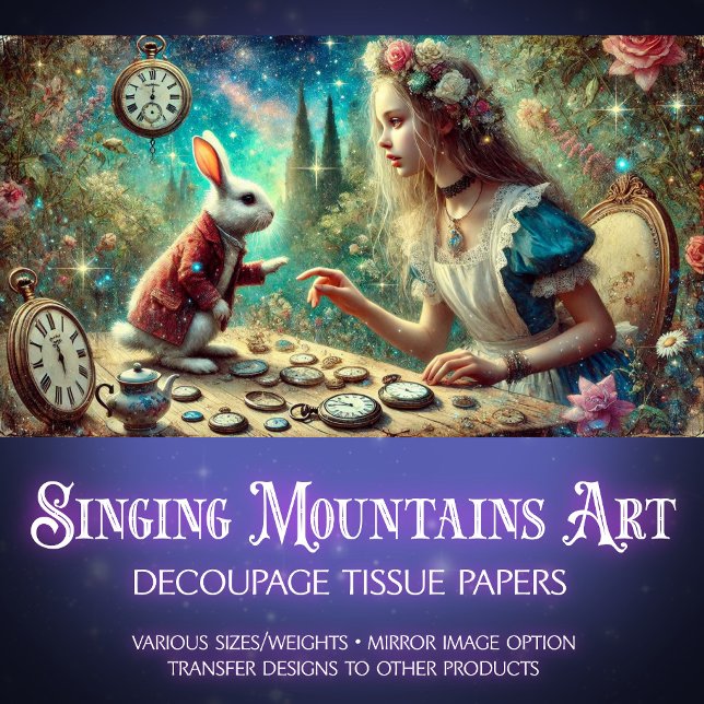 Whimsical Rabbit Alice Uhren Wunderland Dekoupage Seidenpapier (Von Creator hochgeladen)