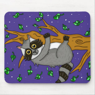 Whimsical Raccoon Hanging from Tree Mousepad