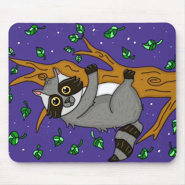 Whimsical Raccoon Hanging from Tree Mousepad (Vorne)