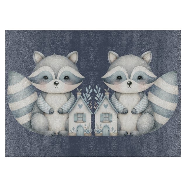Whimsical Raccoon Night Woodland Cottage Scene Schneidebrett (Vorderseite)