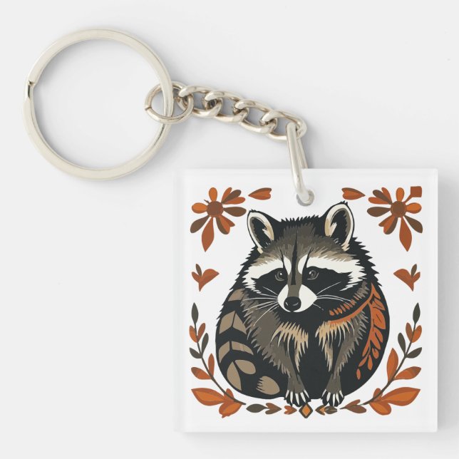 Whimsical Raccoon Woodland Animal Folks oder Triba Schlüsselanhänger (Vorderseite)