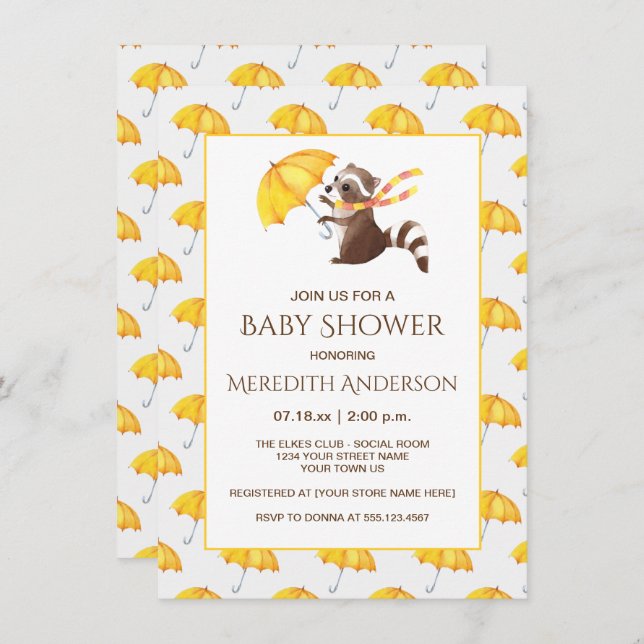 Whimsical Raccoon Yellow Umbrellas Baby Dusche Einladung (Vorne/Hinten)