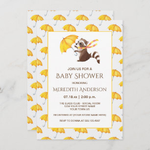 Whimsical Raccoon Yellow Umbrellas Babydusche Einladung