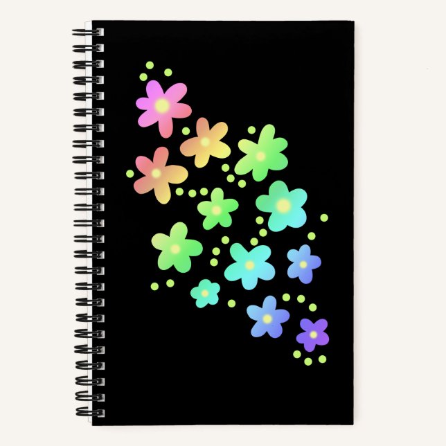 Whimsical Rainbow-Blume Schwarzes Notebook Notizbuch (Vorderseite)