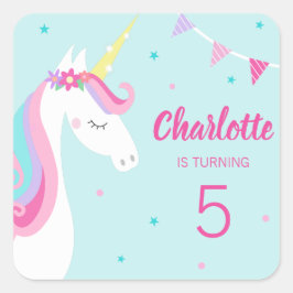 Whimsical Rainbow Unicorn Aqua 5. Geburtstag Quadratischer Aufkleber