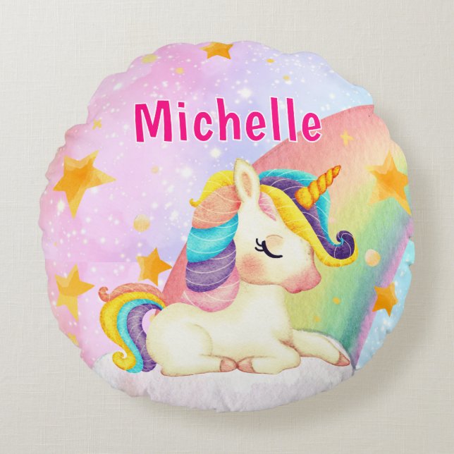 Whimsical Rainbow Unicorn Girl's Name Room  Rundes Kissen (Vorderseite)