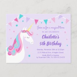 Whimsical Rainbow Unicorn Lila 5. Geburtstag Einladungspostkarte