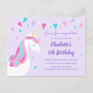 Whimsical Rainbow Unicorn Lila 5. Geburtstag Einladungspostkarte