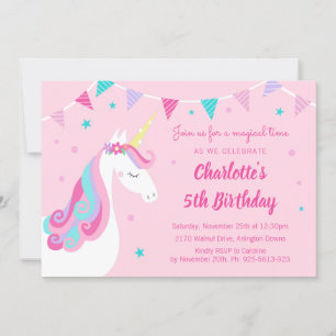 Whimsical Rainbow Unicorn Pink 5. Geburtstag Einladung