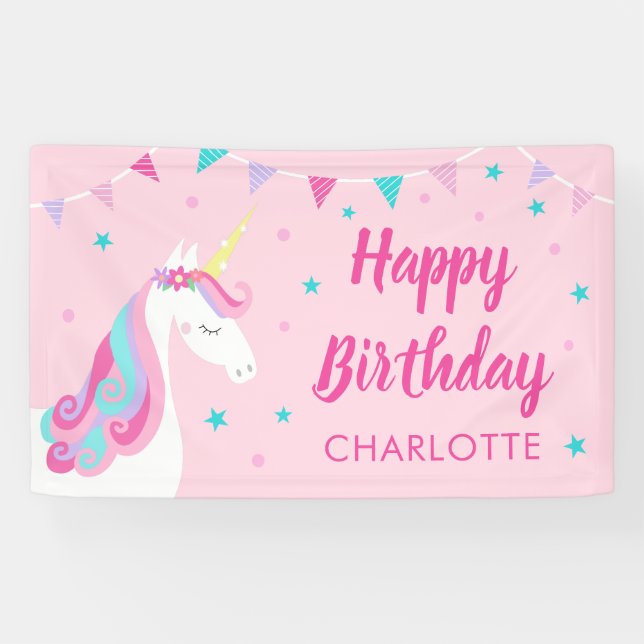 Whimsical Rainbow Unicorn Pink Happy Birthday Banner (Horizontal)