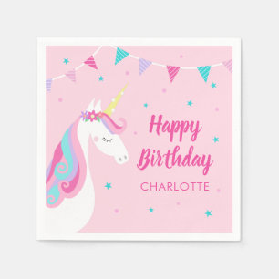 Whimsical Rainbow Unicorn Pink Happy Birthday Serviette
