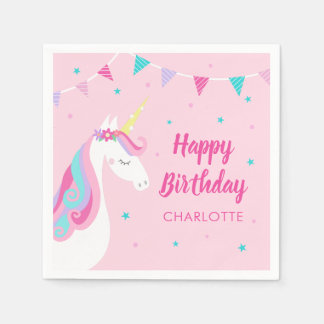 Whimsical Rainbow Unicorn Pink Happy Birthday Serviette