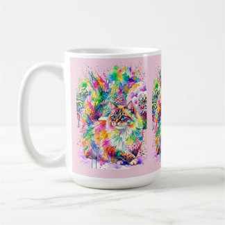 Whimsical Rainbow Watercolor Fluffy Cat in Winter  Kaffeetasse
