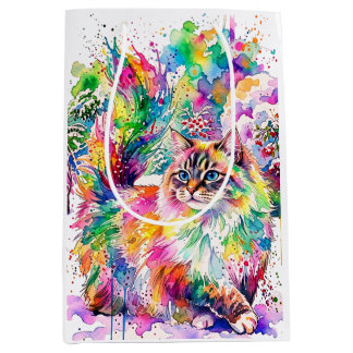 Whimsical Rainbow Watercolor Fluffy Cat in Winter  Mittlere Geschenktüte