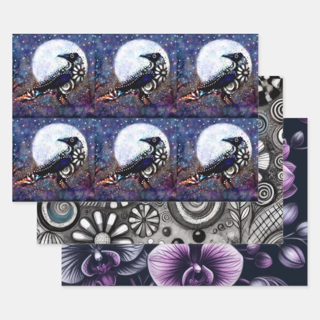 Whimsical Raven Floral Black Lila Decoupage Geschenkpapier Set (Set)