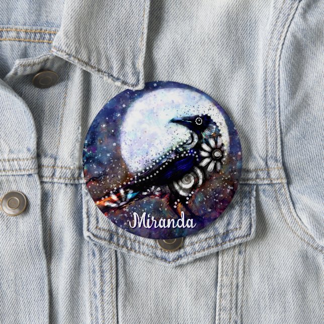 Whimsical Raven Moon Floral Abstrakt Personalisier Button (Beispiel)